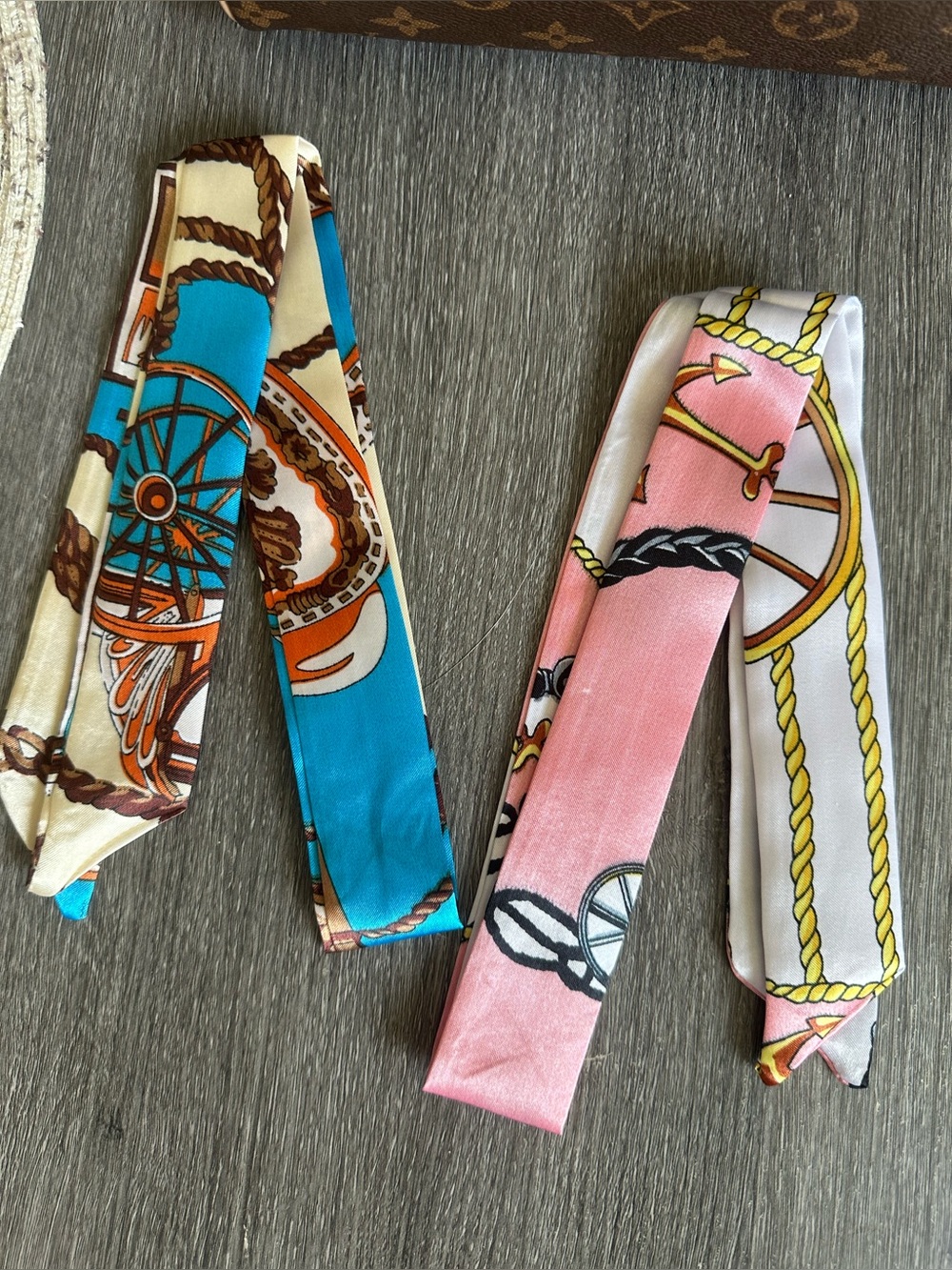 Twilly Scarf Set of 2 Pink & White Anchor & Blue & Tan Rope Wheel Print NWT